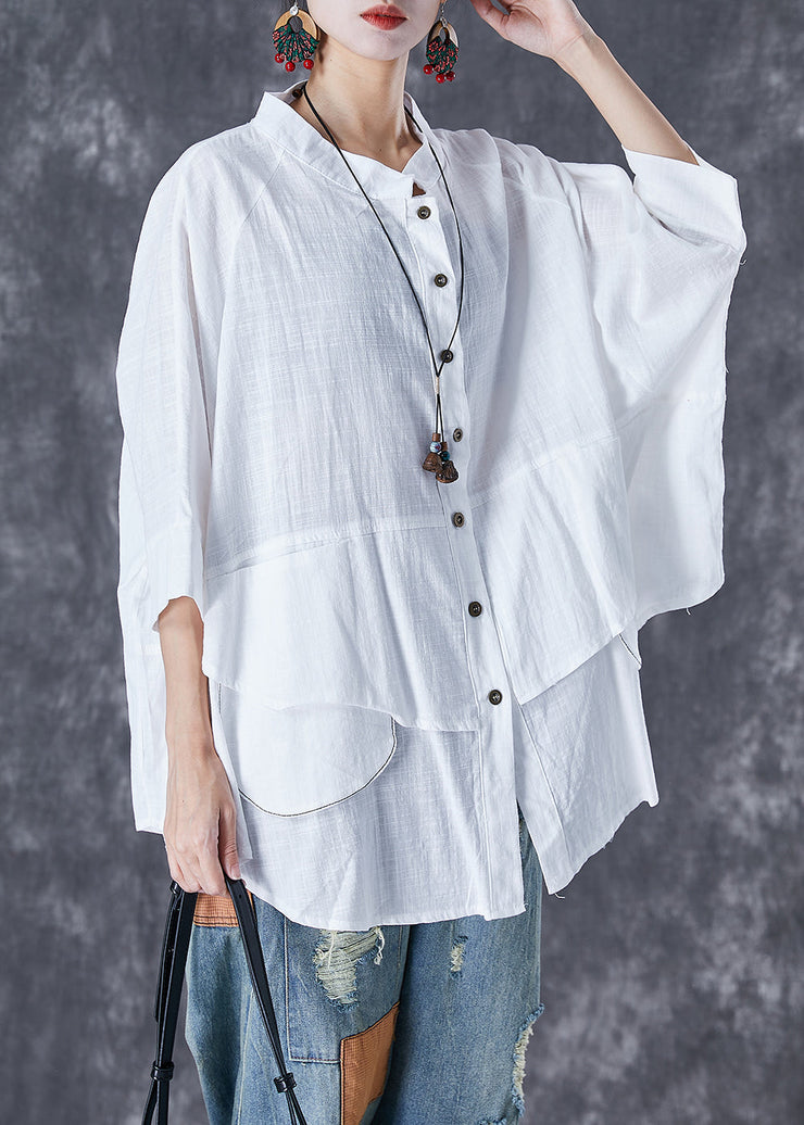 Plus Size Black Stand Collar Patchwork Linen Shirt Tops Batwing Sleeve