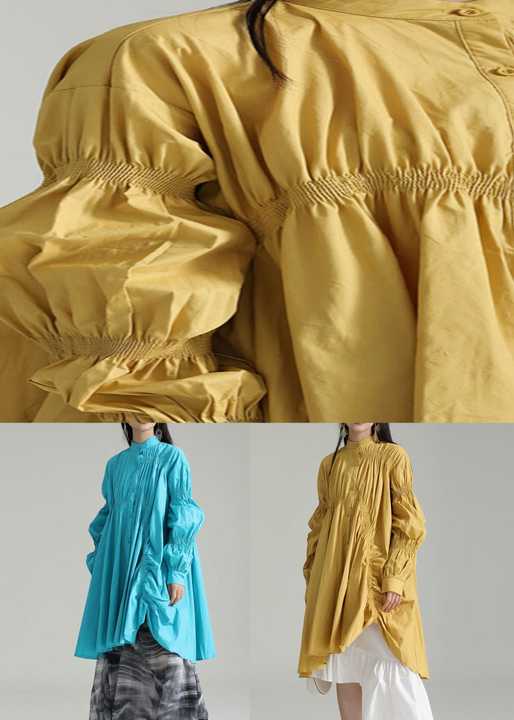 Plus Size Yellow Asymmetrical Patchwork Cotton Shirts Dress Fall