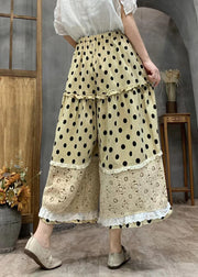 Plus Size Yellow Dot Print Ruffled Patchwork Elastic Waist Crop Wide Leg Pants