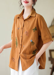 Plus Size Yellow Embroideried Cotton Blouse Top Summer