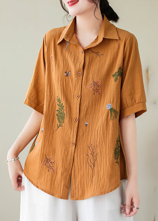 Plus Size Yellow Embroideried Cotton Blouse Top Summer