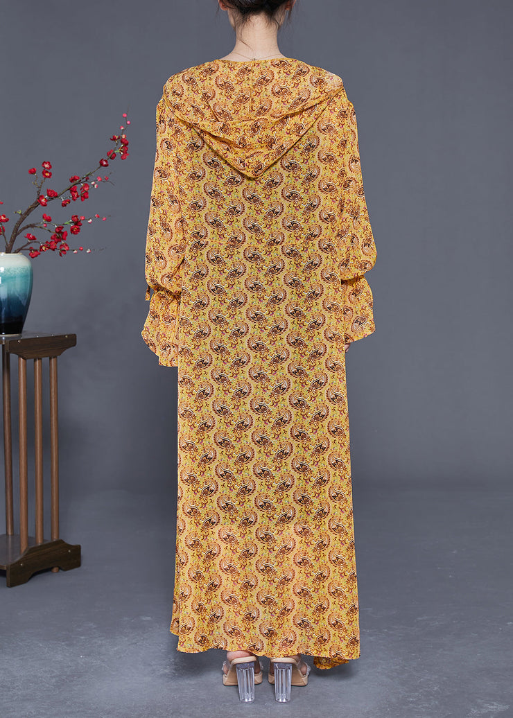 Plus Size Yellow Hooded Print Chiffon Long Cardigan Summer