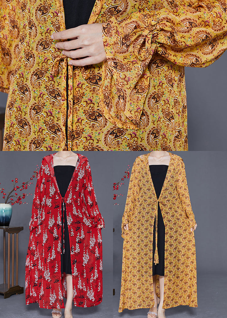 Plus Size Yellow Hooded Print Chiffon Long Cardigan Summer