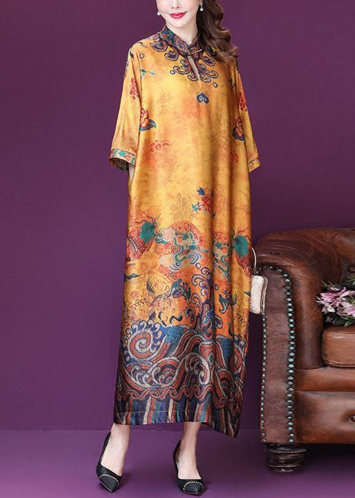 Plus Size Yellow Mandarin Collar Print Silk Dresses Batwing Sleeve