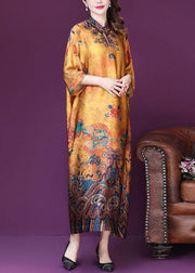 Plus Size Yellow Mandarin Collar Print Silk Dresses Batwing Sleeve