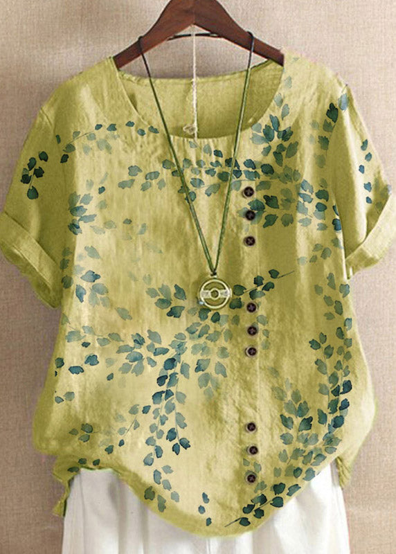 Plus Size Yellow O-Neck Embroideried Floral Linen Tops Short Sleeve