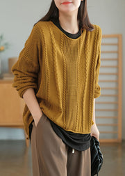 Plus Size Yellow O-Neck Hollow Out Knit Sweaters Fall