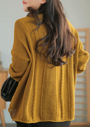 Plus Size Yellow O-Neck Hollow Out Knit Sweaters Fall