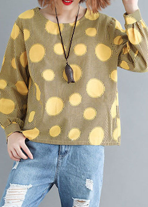 Plus Size Yellow O-Neck Oversized Dot Print Cotton Tops Spring