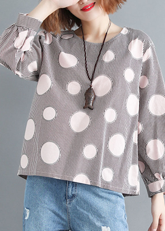 Plus Size Yellow O-Neck Oversized Dot Print Cotton Tops Spring