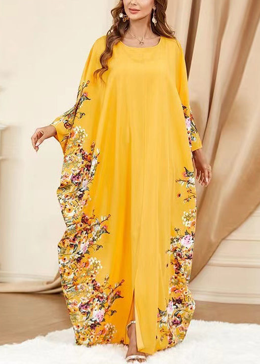 Plus Size Yellow O Neck Print Front Open Cotton Dress Spring