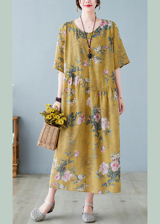 Plus Size Yellow O-Neck Print Maxi Dress Summer