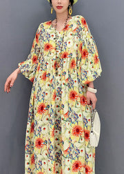 Plus Size Yellow Oversized Floral Print Cotton Robe Dresses Lantern Sleeve