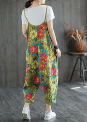 Plus Size Yellow Oversized Print Cotton Jumpsuit Ripped Jeans Spring