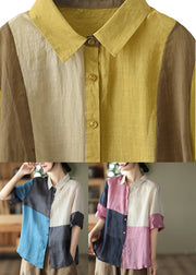 Plus Size Yellow Peter Pan Collar Solid Ramie Shirts Summer