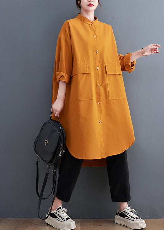 Plus Size Yellow Pockets Button Cotton Shirts Coat Fall