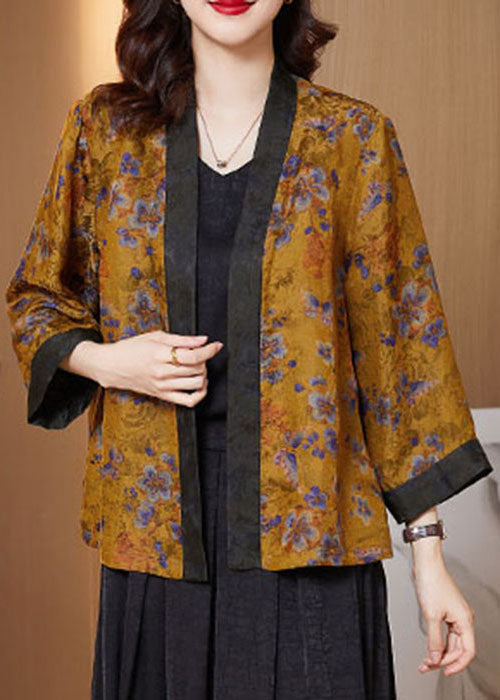 Plus Size Yellow Print Patchwork Silk Loose Cardigans Bracelet Sleeve