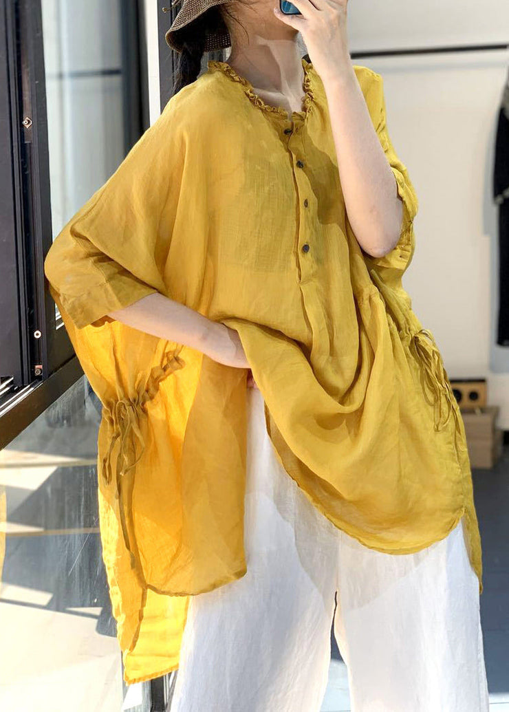 Plus Size Yellow Ruffled Cinched Cotton Shirt Tops Summer