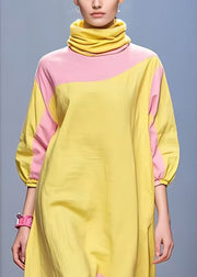 Plus Size Yellow Turtleneck Patchwork Cotton Dress Half Sleeve