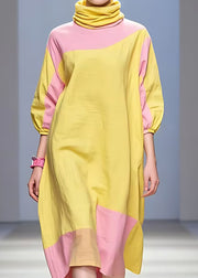 Plus Size Yellow Turtleneck Patchwork Cotton Dress Half Sleeve