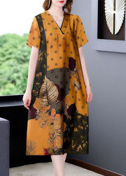 Plus Size Yellow V Neck Print Silk Long Dress Summer