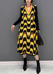 Plus Size Yellow V Neck Striped Patchwork Knit Dress Fall