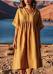 Plus Size Yellow V Neck Wrinkled Patchwork Linen Dresses Summer