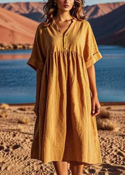 Plus Size Yellow V Neck Wrinkled Patchwork Linen Dresses Summer