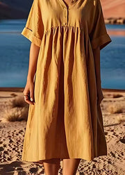 Plus Size Yellow V Neck Wrinkled Patchwork Linen Dresses Summer