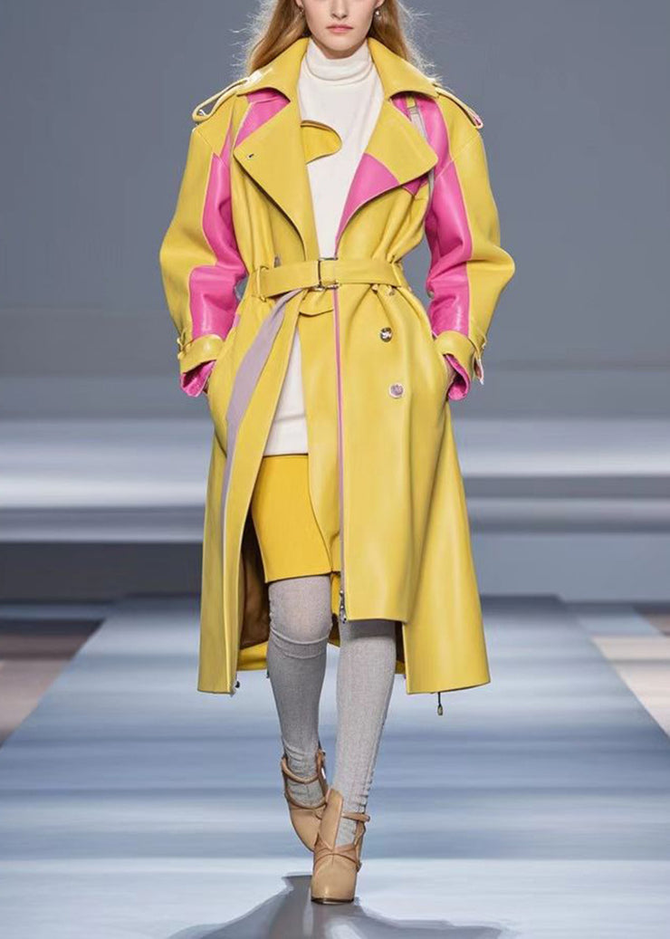 Plus Size Yellow Zip Up Patchwork Faux Leather Coats Fall