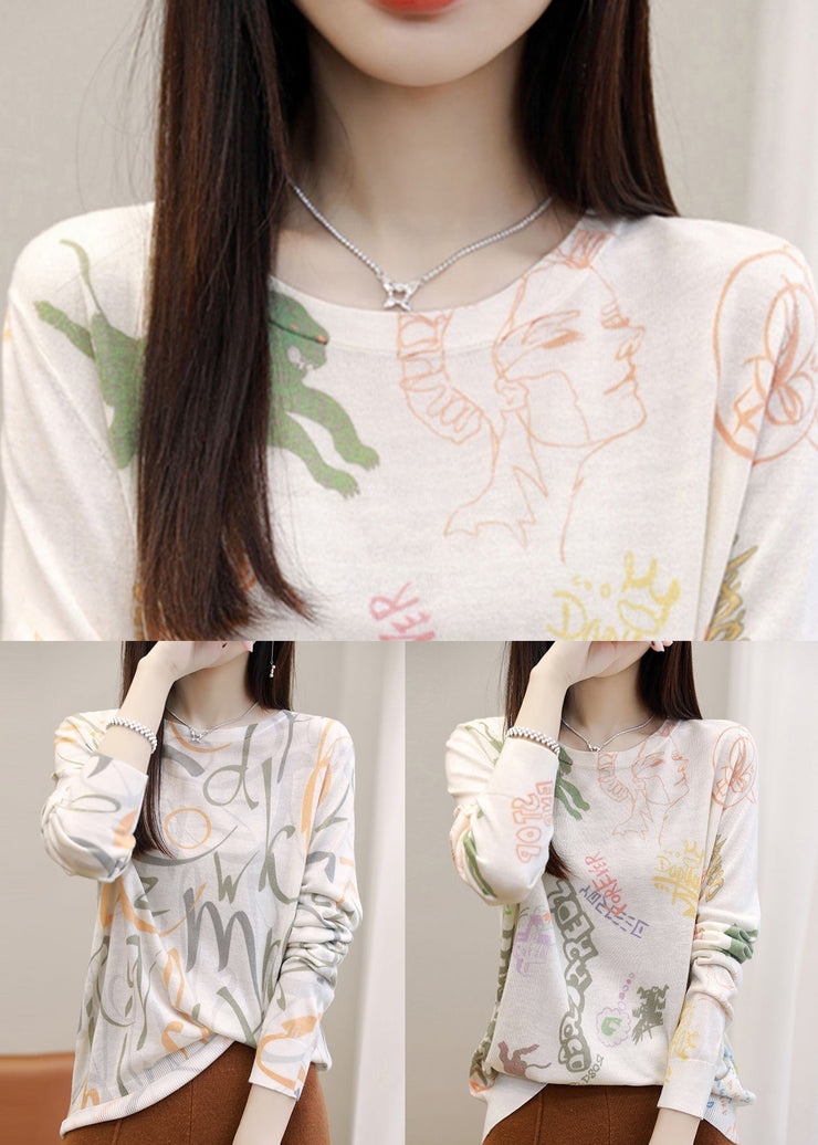 Portrait Print Silk Cotton T Shirt O Neck Long Sleeve