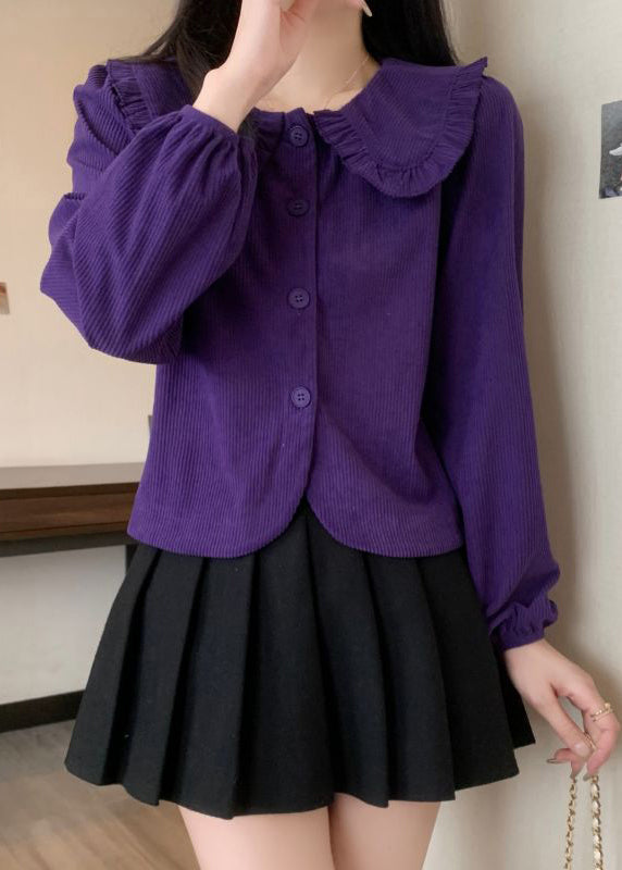 Purple Button Corduroy Blouse Peter Pan Collar Spring