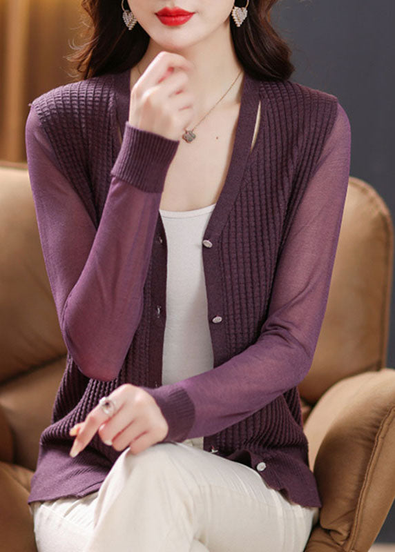 Purple Button Ice Size Knit Cardigan Long Sleeve