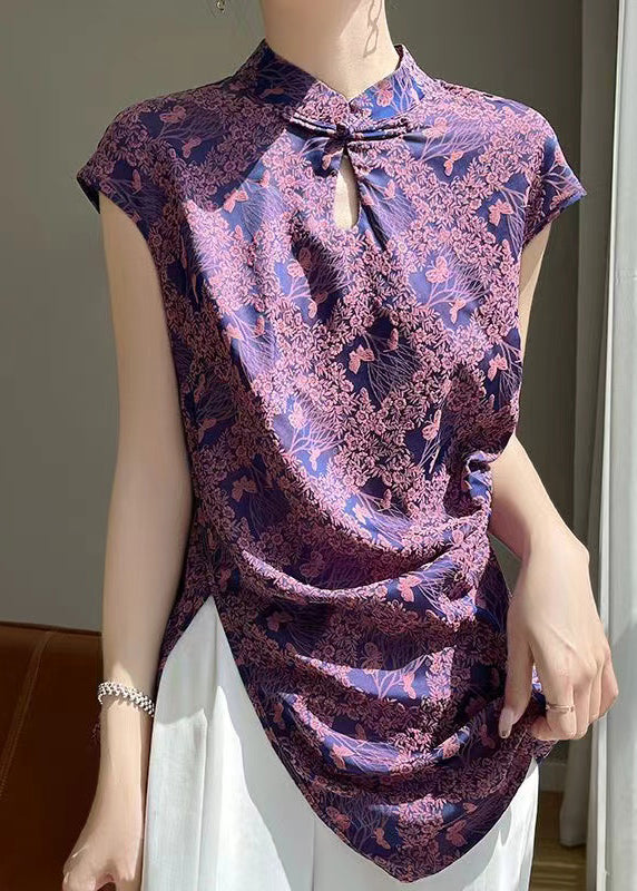 Purple Button Print Silk Blouses Stand Collar Short Sleeve