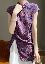 Purple Button Print Silk Blouses Stand Collar Short Sleeve