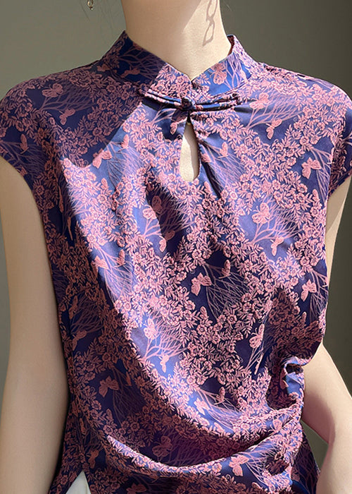 Purple Button Print Silk Blouses Stand Collar Short Sleeve