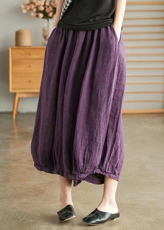 Purple Geometry Elastic Waist Linen Wide Leg Pants