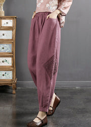 Purple Elastic Waist Pockets Patchwork Linen Harem Pants