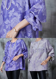 Purple Grey Silk Shirts Tasseled Chinese Button Fall