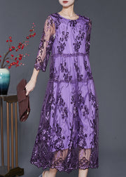 Purple Hollow Out Tulle Dress Embroidered Summer