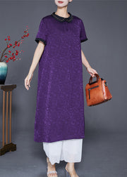 Purple Jacquard Silk Long Dress Oversized Turn-down Collar Summer