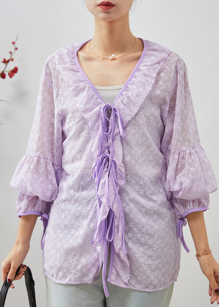 Purple Lace Shirt Tops Embroidered Ruffles Spring