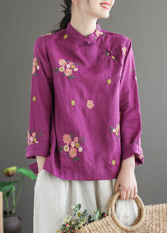 Purple Linen Chinese Style Blouses Embroideried Oriental Button Long Sleeve