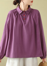 Purple Loose Cotton Shirts Peter Pan Collar Button Fall