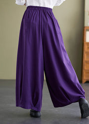 Purple Loose Cotton Wide Leg Pants Elastic Waist Summer