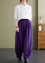 Purple Loose Cotton Wide Leg Pants Elastic Waist Summer