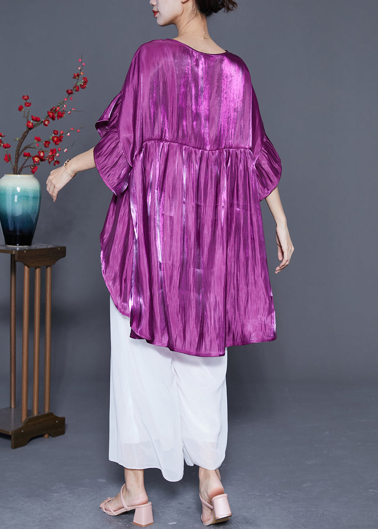 Purple Loose Silk Blouses O-Neck Low High Design Summer