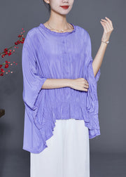 Purple Loose Silk Shirt Tops Wrinkled Low High Design Summer