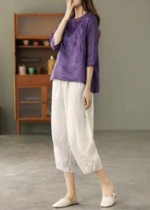 Purple Low High Design Patchwork Linen Tops Embroideried Half Sleeve