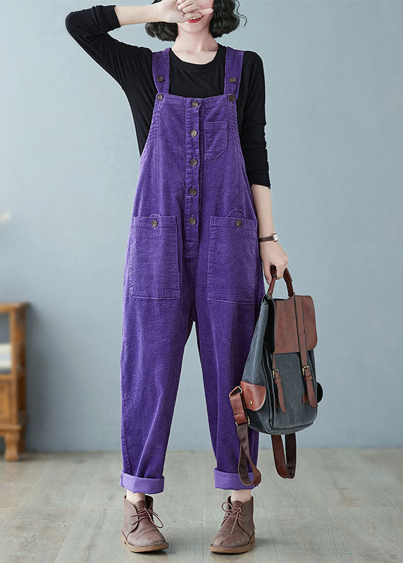 Purple Patchwork Button Cozy Corduroy Jumpsuit